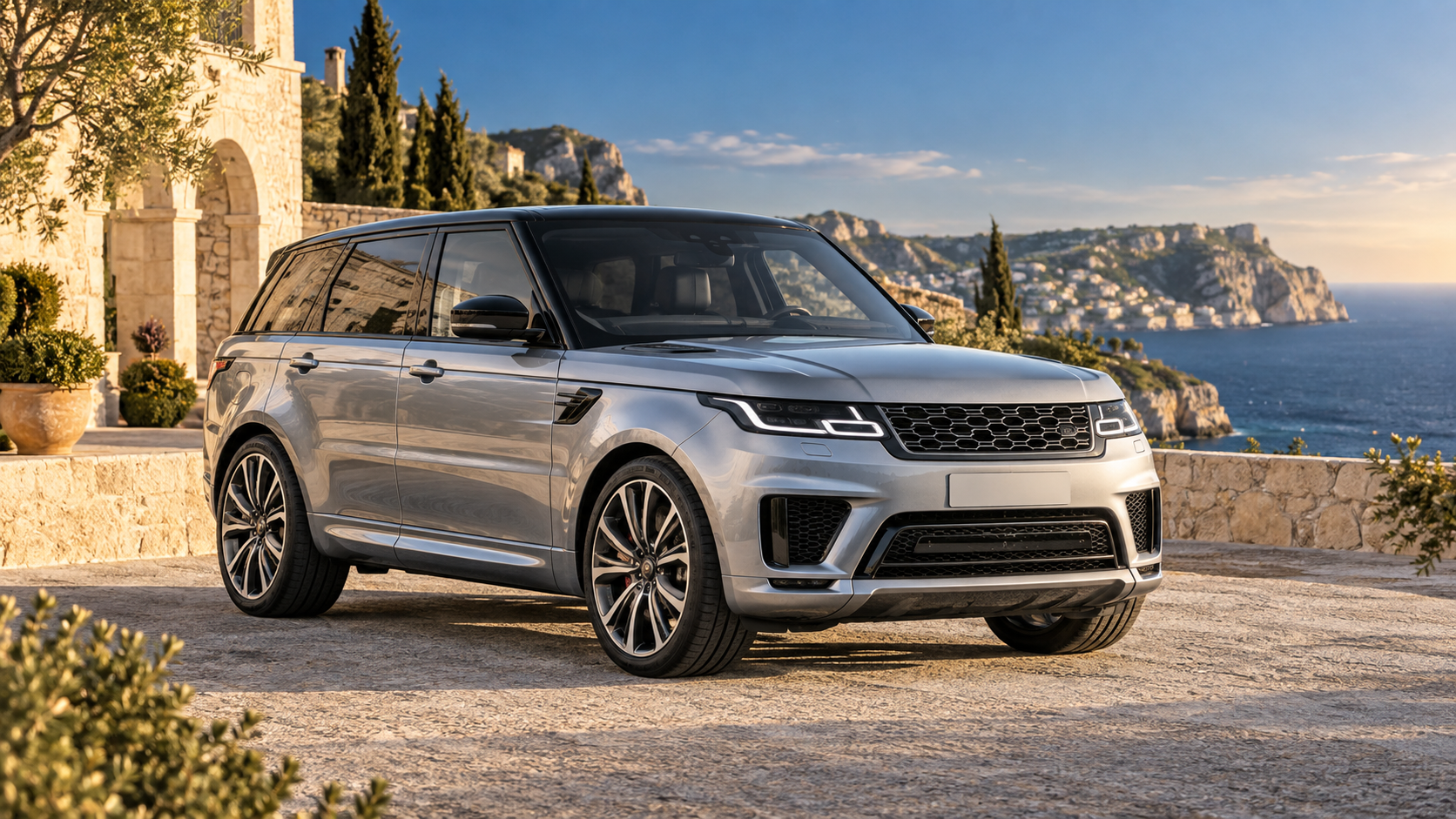 Illustrative silver Range Rover Sport near coastal limestone architecture